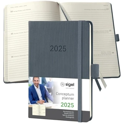 Immagine di SIGEL C2567 Conceptum Agenda settimanale 2025, circa A6, grigio scuro, copertina rigida, 2 pagine = 1 settimana, 176