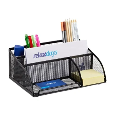 Immagine di Relaxdays Organizer Scrivania 5 Scomparti, Portaoggetti in Metallo Forato, Portapenne, Portalettere, Nero, Acciaio