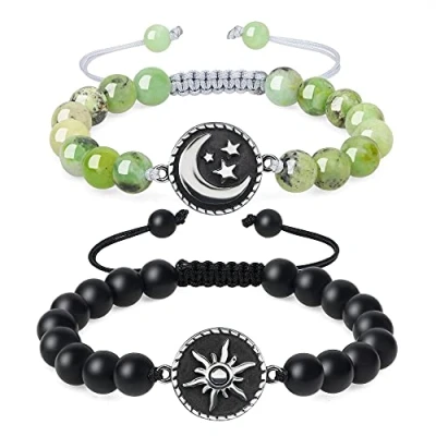 Immagine di COAI Coppia di Bracciali della Distanza per Lui e Lei in Onice Opaco Crisoprasio con Amuleto Sole Luna
