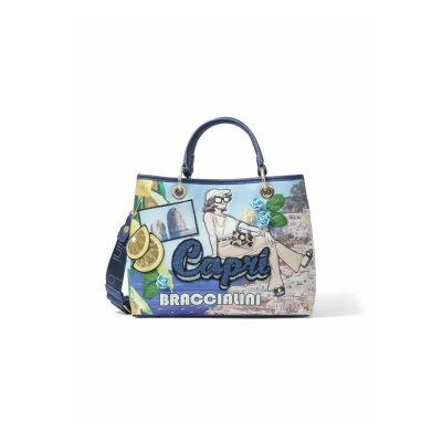 Immagine di Braccialini Borsa a mano comoda e capiente, con chiusura clip calamitata, dal design creativo dell&#039;iconica linea CARTOLINE Dettagli dell&#039;illustrazione in stile cartoon effetto 3D,