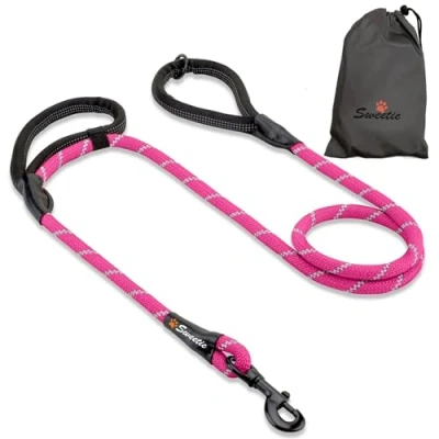 Immagine di Guinzaglio per cani in corda rosa, resistente, con 2 manici imbottiti, 1,5 m, di taglia media e grande, riflettente, resistente alle intemperie.