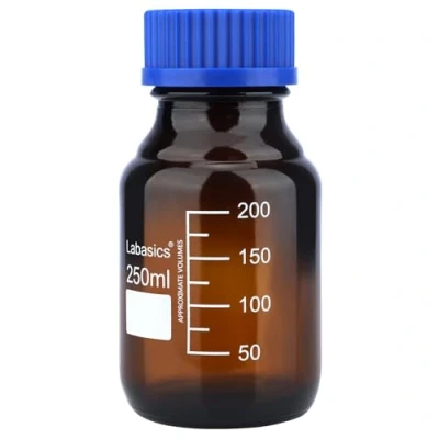 Immagine di Labasics Bottiglie di Stoccaggio per Reagenti, 1 Confezione Tonde Graduate in Vetro Ambrato con Tappo a Vite Blu Reagenti da Laboratorio, 250 ml