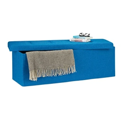 Immagine di Relaxdays Pouf Pieghevole con Contenitore XXL, Panca Divanetto Portaoggetti, Lino, HxLxP 38 x 114 cm, Blu, Tessuto