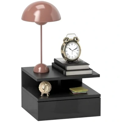 Immagine di HOMCOM Comodino Sospeso per Camera da Letto con Cassetto e Ripiano Aperto, Moderno Salvaspazio in Legno, 35x32x22.5 cm, Nero Lucido
