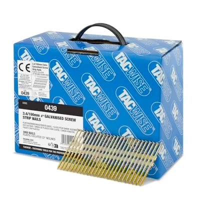 Immagine di TACWISE 0439 Chiodi per Intelaiature 3,4/100 mm, Zincati Extra con Testa a &#039;D&#039;, Gambo Elicoidale, Inclinati 22, Montati su Plastica, Confezione da 3000
