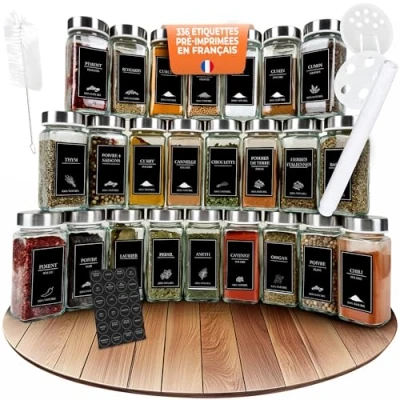 Immagine di comforder Set di barattoli per spezie (25 pezzi), organizer con spargitore etichette + imbuto, rettangolari coperchio, 120 ml (metallo)