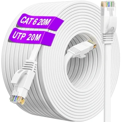 Immagine di Cavo Ethernet 20 metri, Cat 6 di Rete 20m Piatto, Internet Alta Velocità 10/100/1000Mbit/s, Bianco Lan Cat6 RJ45 Patch Compatibile con Cat5e Cat5, per Router Switch Modem(20 Clips)