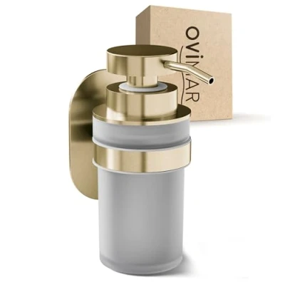 Immagine di ovimar Distributore di sapone con sabbia da acrasa, oro, montaggio a parete senza foratura, in acciaio inox e vetro moderno, grande apertura, per il bagno o la cucina, adatto anche come dispenser