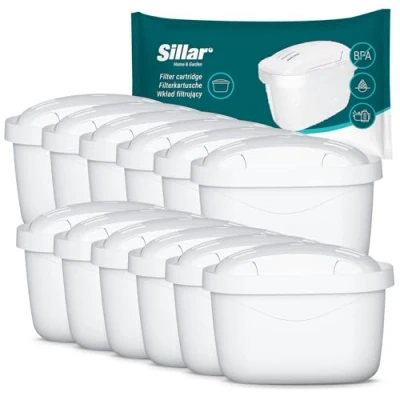 Immagine di Sillar Cartuccia filtro acqua compatibile con BRITA Maxtra+, Marella, Aluna, Elemaris, confezione da 12 pezzi, carbone attivo e scambiatore di ioni, senza BPA, riduce calcare cloro, per