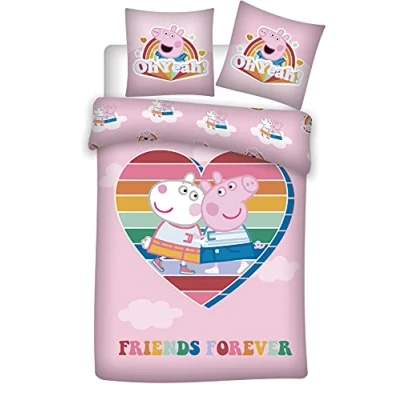 Immagine di Aymax S.P.R.L. Parure da letto Peppa Pig con scritta Friends Forever, copripiumino reversibile 140 x 200 cm federa per cuscino 63