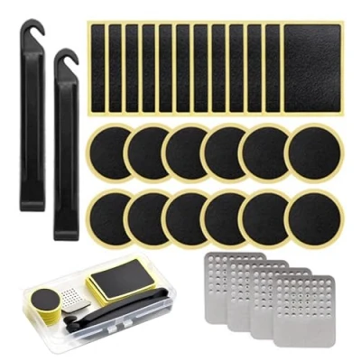 Immagine di Skyzone 30 Pezzi Kit Riparazione Foratura Bici, Toppe per Punture Autoadesive Biciclette Moto Pneumatici Senza Colla con Raspe in Metallo, Scatola Portaoggetti Portatile Bici