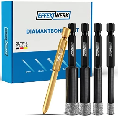 Immagine di Effektwerk Set di punte per trapano piastrelle dure, punta diamantata codolo esagonale 6, 8, 10, 12 mm, vetro, granito, marmo, porcellana, gres
