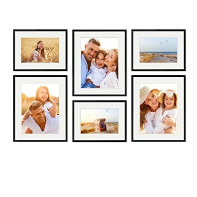 Immagine di PHOTOLINI Set di 6 cornici per poster nero legno MDF con passe partout, 30x40 cm e 40x50 cm, plexiglass infrangibile, da parete, accessori inclusi foto, immagini