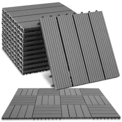 Immagine di tectake® Set di 11 Piastrelle per Terrazza, Balcone, Giardino in WPC, da con Sistema a Clic, Superficie Antiscivolo, Resistente alle Intemperie, Effetto Legno Grigio