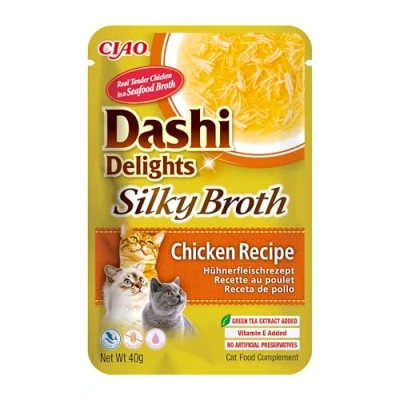 Immagine di INABA Dashi Delights Silky Broth, Delicati Fiocchi in Brodo di Pollo Cibo Umido per Gatti, Snack Gatti Con Proteine, Ingredienti Naturali Pasto Complementare 1 x 40gr