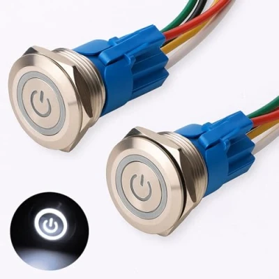 Immagine di Gebildet 2 pezzi 22mm Interruttore a Pulsante Non Momentaneo in Acciaio Inossidabile, 12V 24V 5A Simbolo LED 1NO 1NC SPDT ON/OFF Levetta Impermeabile con Spina Filo (LED Bianca)