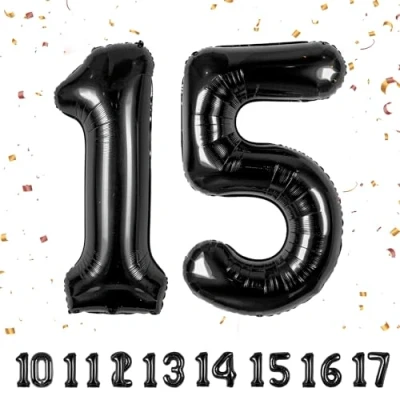 Immagine di Palloncini Compleanno 15 anni Noir 101 CM Palloncino Numero Gonfiabile in Foil Decorazioni di un uomo donna Vola con l&#039;Elio