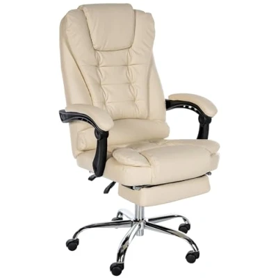 Immagine di CLP Poltrona Ufficio Oxygen Super Imbottita in Similpelle O Stoffa I Sedia Ergonomica Direzionale con Poggiapiedi E Braccioli, Colore:Crema, Materiale:Ecopelle