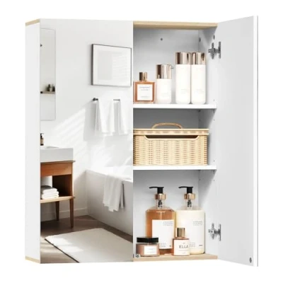 Immagine di EUGAD Armadietto da Bagno Pensile, Specchio Contenitore con 2 Ripiani Interni Regolabili, Mobile Sospeso Salvaspazio Ante, Mobiletto Bianco e Rovere 60x20x75cm