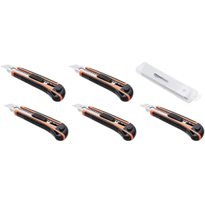 Immagine di Amazon Basics Resistente taglierino retrattile con manico ergonomico e lama bloccabile in molteplici posizioni 10 lame affilate di ricambio apposito contenitore, confezione da 5, Argento