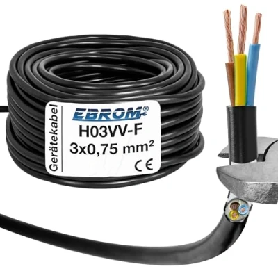 Immagine di EBROM Tubo flessibile in plastica rotondo, cavo, cavo di alimentazione, dispositivo H03VV F 3 x 0,75 mm², colore: nero, molte lunghezze incrementi 5 metri fino a 200 metri, 3G0,75