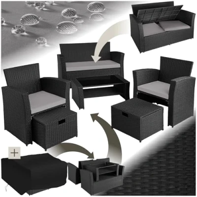 Immagine di TecTake® Salottino in Rattan Modena, Telaio Acciaio, Tavolino Salotto con Piano Vetro, Divano, Poltrone, Morbidi Cuscini, Involucro Protettivo Incluso Nero/Grigio