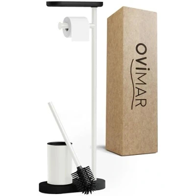 Immagine di ovimar Set WC da terra 3 in 1 Vradal bianco scopino con testina silicone, portarotolo e porta smartphone Molto salvaspazio Elegante organizer bagno acciaio inox