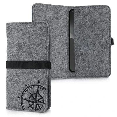 Immagine di kwmobile Custodia per smartphone in feltro Full Body Case con banda elastica Astuccio universale porta cellulare 16,0 x 8,0 cm Bussola vintage nero/grigio chiaro
