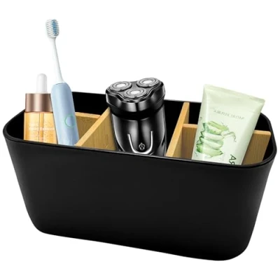 Immagine di Xpieoyrm Porta Spazzolini Bagno in Bambù, Divisori per Portaspazzolini, Plastica con 5 Scomparti Regolabile, Multifunzionale Portaspazzolino Elettrico Smontabile Adatto