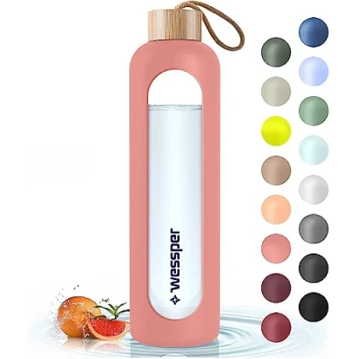 Immagine di Wessper Borraccia in vetro con Manicotto Silicone, Bottiglia d&#039;acqua Indicatori di Tempo, Borosilicato Trasparente, per Monitorare l&#039;assunzione Giornaliera Acqua 1L Rosa