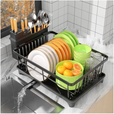 Immagine di SavvyStor scolapiatti salvaspazio, per bancone della cucina, con portautensili, da cucina scolapiatti, mini altoparlante Bluetooth portatile la casa, nero