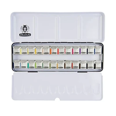 Immagine di Schmincke AKADEMIE® Aquarell scatola in metallo, assortimento completo 24 x 1/2 godet, 75 424 097, colori altamente resistenti alla luce, acquarelli fini per artisti