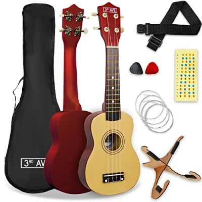 Immagine di 3rd Avenue Pacchetto beginner con ukulele soprano da 21 pollici Custodia, stand, tracolla, corde, plettri e adesivi per tasti Naturale