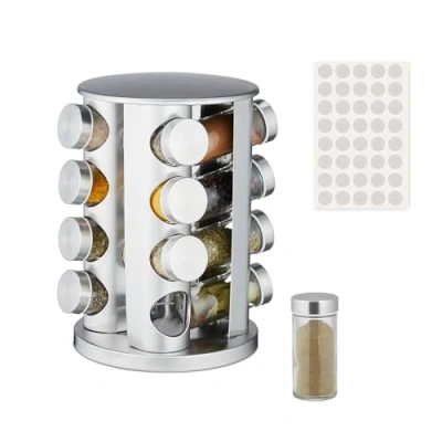 Immagine di Relaxdays Portaspezie da Cucina, 16 Barattoli, 40 Etichette, Girevole a 360, Acciaio Inox e Vetro, 29 x 22 cm, Argento