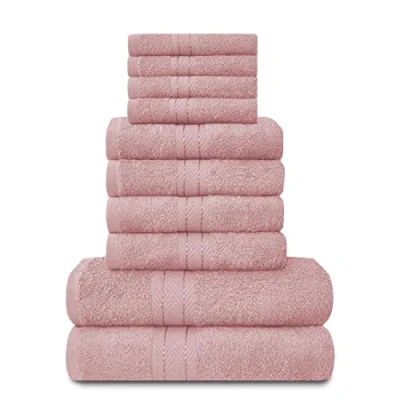Immagine di Towels, set da 10 pezzi, 100% cotone egiziano, 4 x viso, mano, 2 asciugamani bagno, accessori bagno altamente assorbenti di alta qualità, lavabili in lavatrice, rosa cipria