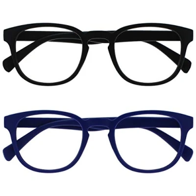 Immagine di Opulize Pop 2 Pacco Retrò Giro Liscio Nero Opaco Blu Uomo Donna Occhiali Da Lettura Cerniere Molla RR2 13 +1,50