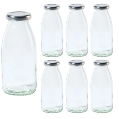 Immagine di Vitrea 6 bottiglie di vetro vuote da 250 ml, tappo a vite, colore argento, latte, succhi frutta, piccole riempire con coperchio, per frullati,