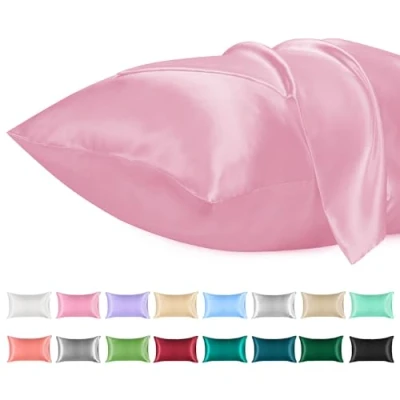 Immagine di Lirex Set di 2 Federe in Raso, Decorativi Morbido Tinta Unita Quadrate Cuscini Federa Satin per Cuscino Senza Rughe Resistente Allo Sbiadimento Traspirante (Sakura Rosa, 40 x 70 cm)