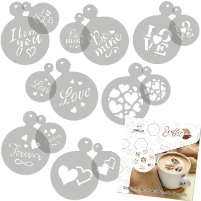 Immagine di NAKLEO Stencil Riutilizzabili per Decorazione Caffè Biscotti 14 pezzi Plastica 7x7cm e 11x11cm Amore San Valentino Stampini Modello Biscotto Pasticceria Torta Cappuccino Cucina
