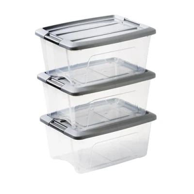 Immagine di Iris Ohyama Scatole Portaoggetti in Plastica con Coperchio, 15L, Lotto di 3, Argento, Clip Bloccaggio, Empilabile, Maniglia, Per Camera, Armadio, Ufficio, Organizzatore, Senza BPA Plastica, NTB 15