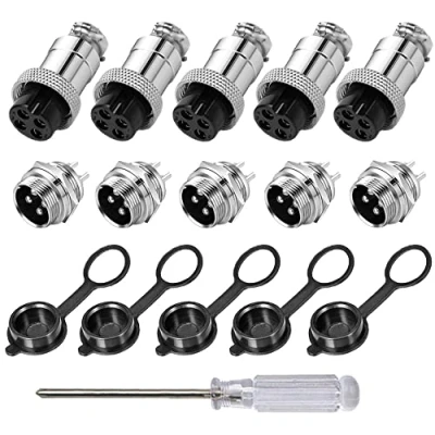 Immagine di Aiqeer 5 Pezzi 4 Pin GX16 Connettore Aviazione, 16 mm Aviazione Metallo, 5A Maschio Femmina, con Cappuccio in Gomma e Cacciavite a Croce