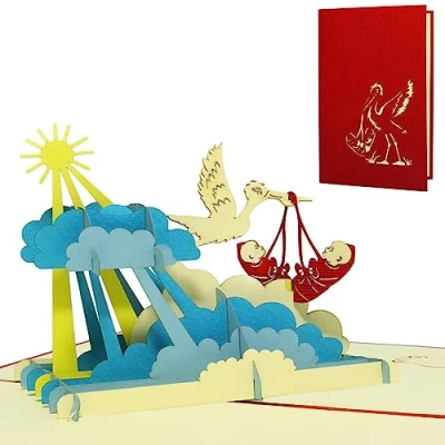 Immagine di LIN Biglietto tridimensionale pop up di auguri nascita, soggetto: cicogna con gemelli [lingua tedesca], n. 240