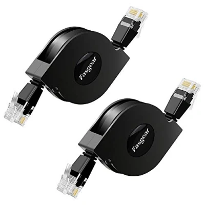 Immagine di Fasgear cavo Ethernet Cat 6, di rete retrattile 10 Gbps 1 MHz 250 RJ45 Connettore funziona per modem router, PC, laptop, PS2 e altro (2 pezzi Neri)