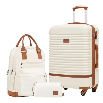 Immagine di COOLIFE Set Valigie,Set di Valigie,Trolley da viaggio con 4 Rotelle Girevoli a 360 TSA Serratura 1 zaino e Borsa toilette Incluso (Albicocca/Bianco, valigie 3pzs (24&quot;))