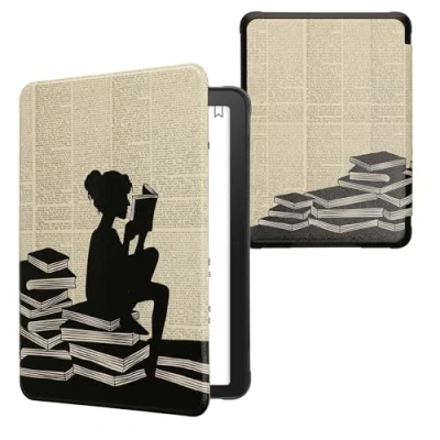 Immagine di kwmobile Custodia eReader Compatibile con Amazon Kindle Paperwhite (12. Gen 2024)/Kindle Colorsoft Cover eBook Reader Flip Case nero/beige Ragazza e Libri