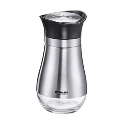 Immagine di Westmark Set di 2 contenitori per spezie, con finestra visualizzazione, foro universale nel coperchio, capacità: 125 ml, vetro/plastica/acciaio inossidabile, Lisbona, trasparente/nero/argento,