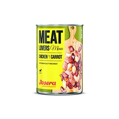 Immagine di Josera Meat Lovers Menu Chicken with Carrot Cibo umido per cani Alto contenuto di carne Senza glutine pollo succoso. manzo delizioso e maiale con riso carota Alimento completo 6 x 800 g