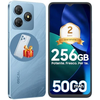 Immagine di OSCAL Android 14 Smartphone Flat 2 Gemini AI, 12GB RAM+256GB ROM/2TB TF Offerta Octa Core, 6.56&quot; HD+ 90Hz, 5000mAh Telefono Cellulare, 13MP+8MP, 4G Dual SIM Face ID/OTG/GPS Blu