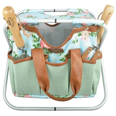 Immagine di Esschert Design Sedia da giardino in iuta con stampa a rose, 40 x 31 cm, tasche e tracolla