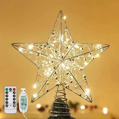 Immagine di Lewondr Punte di Albero Natala a Forma Stella Cinque in Metallo con Base Spirale, Puntale dell&#039;Albero Natale, Avvolte dalle Catene Perline e Luci Integrate Calde, Argento